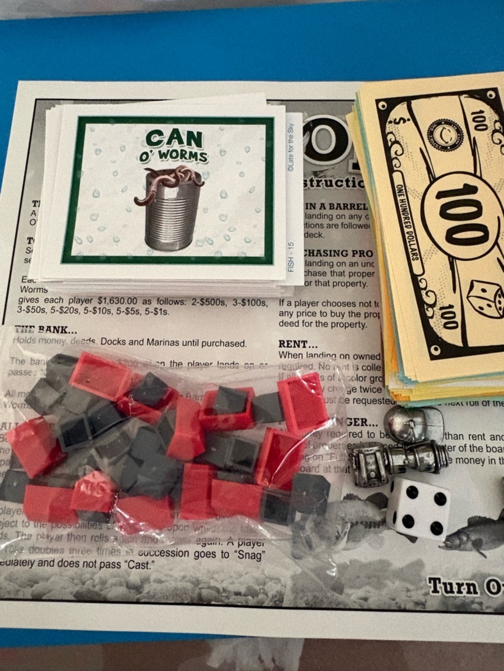 Fishin'-Opoly Fishing Monopoly Board Game Extra Pieces Parts As Is